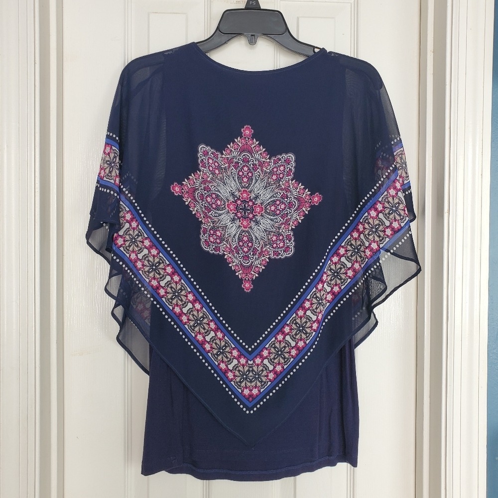 Navy Blue Sheer Overlay Multicolored Medallion Handkerchief Hem Blouse Lined Med - Picture 2 of 3